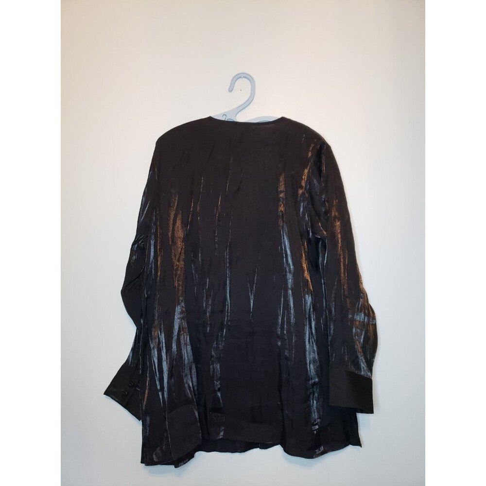 Studio C Womens Plus 18 / 20 Blouse Button Front Long Sleeve Black Shiny Sheer - Picture 2 of 5